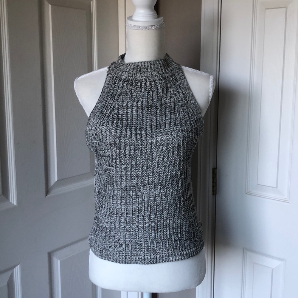 Cropped cable knit cotton high neck tank